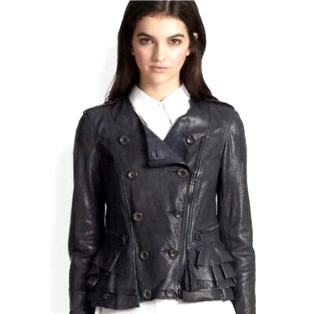 3.1 Phillip Lim Black 100% Lamb Leather Silk Lining Moto Jacket Ruffle
Peplum